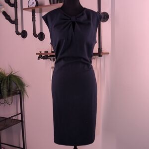Sophisticated Sharagano Bow Neck Sheath Dress in Navy Blue. Perfect for Office